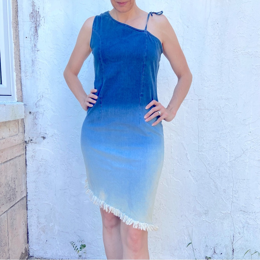 Vintage Access Asymmetric One Shoulder Tie Strap Stretchy Denim Ombré Dress!